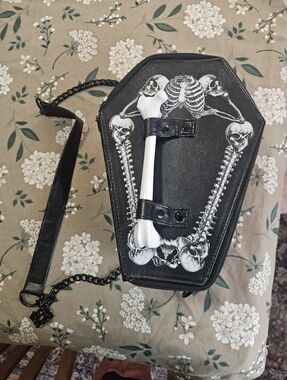 Coffin-Shaped Black Skeleton Crossbody Bag with Bone Accent